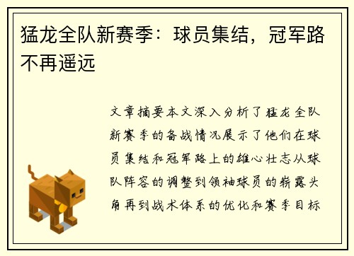猛龙全队新赛季：球员集结，冠军路不再遥远